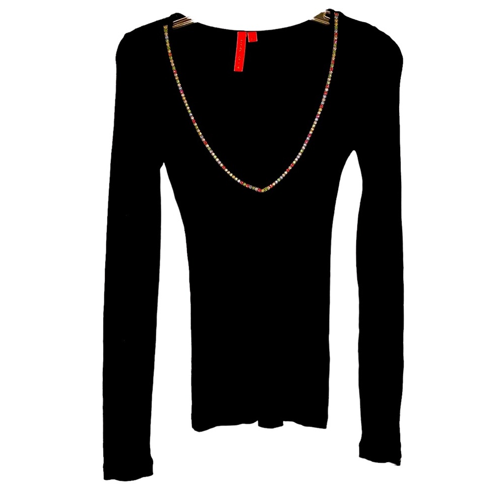 CHARLOTTE TARANTOLA Black Deep V Neck Long sleeve Top XS *Sparkles*